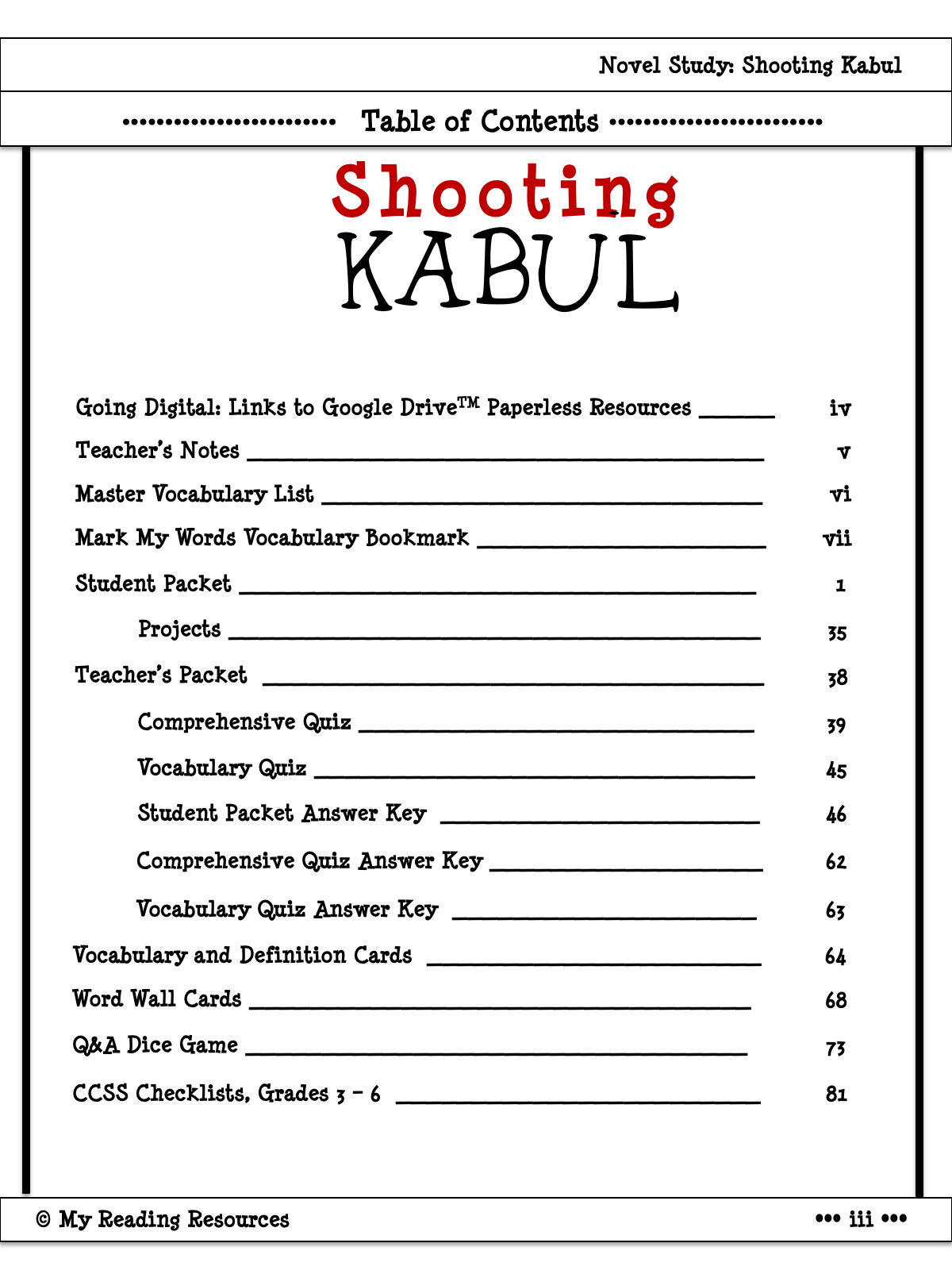 Shooting Kabul Novel Study My Reading Resources