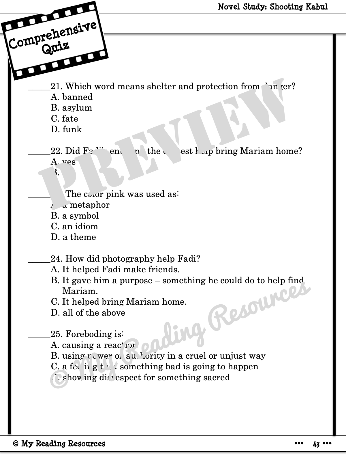Shooting Kabul Novel Study My Reading Resources