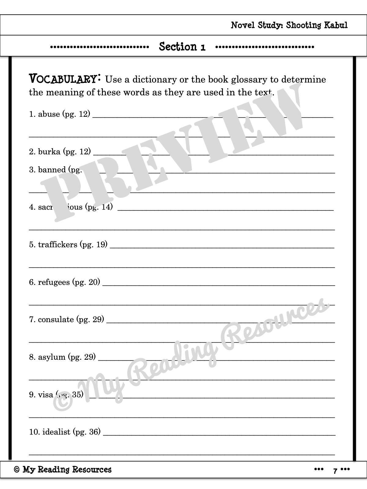 Shooting Kabul Novel Study My Reading Resources