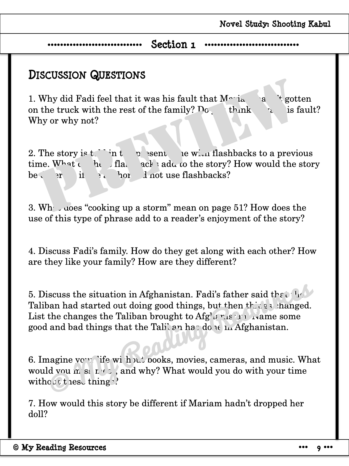 Shooting Kabul Novel Study My Reading Resources