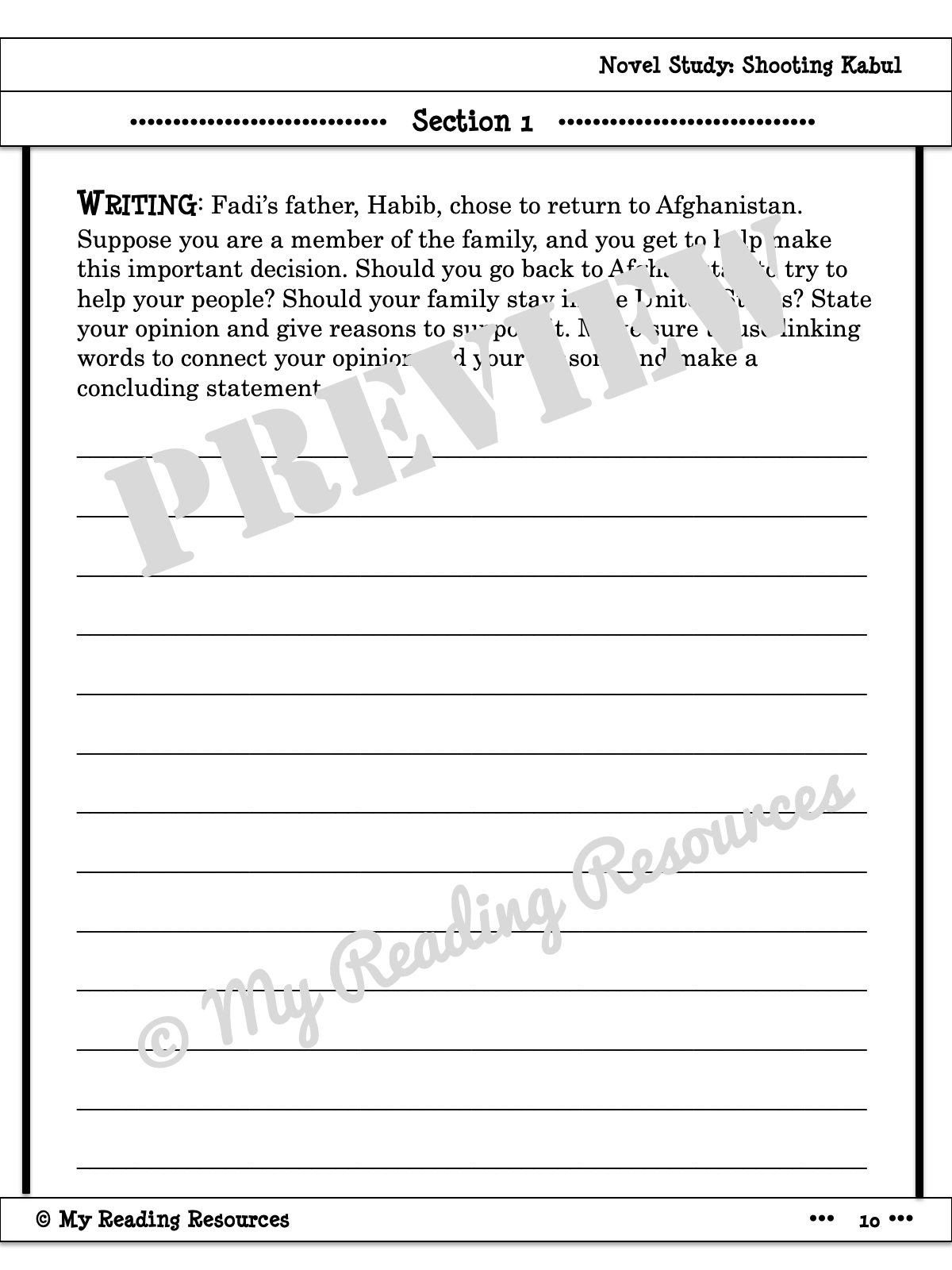 Shooting Kabul Novel Study My Reading Resources