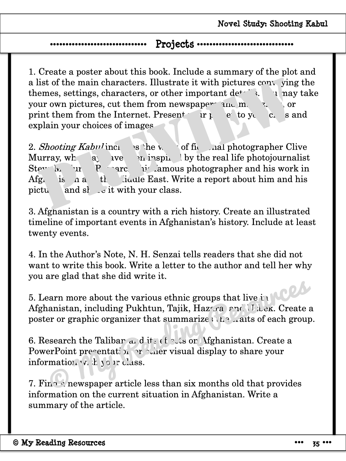 Shooting Kabul Novel Study My Reading Resources