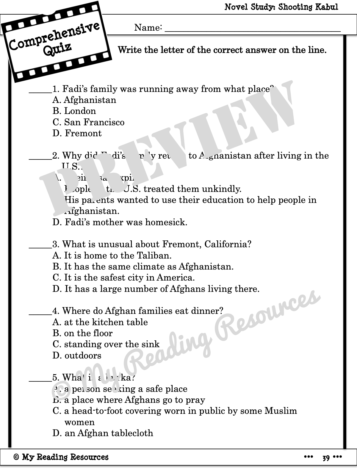 Shooting Kabul Novel Study My Reading Resources