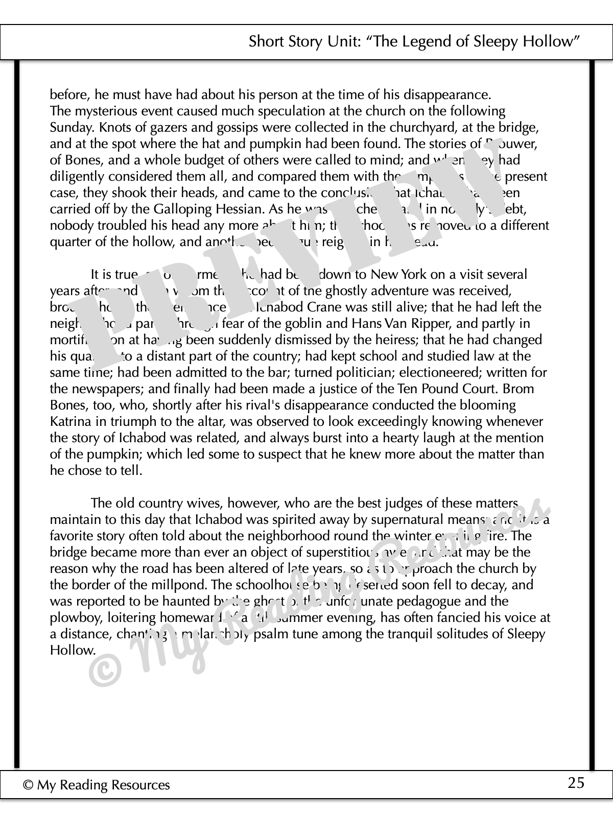 "The Legend of Sleepy Hollow" Short Story Unit My Reading Resources