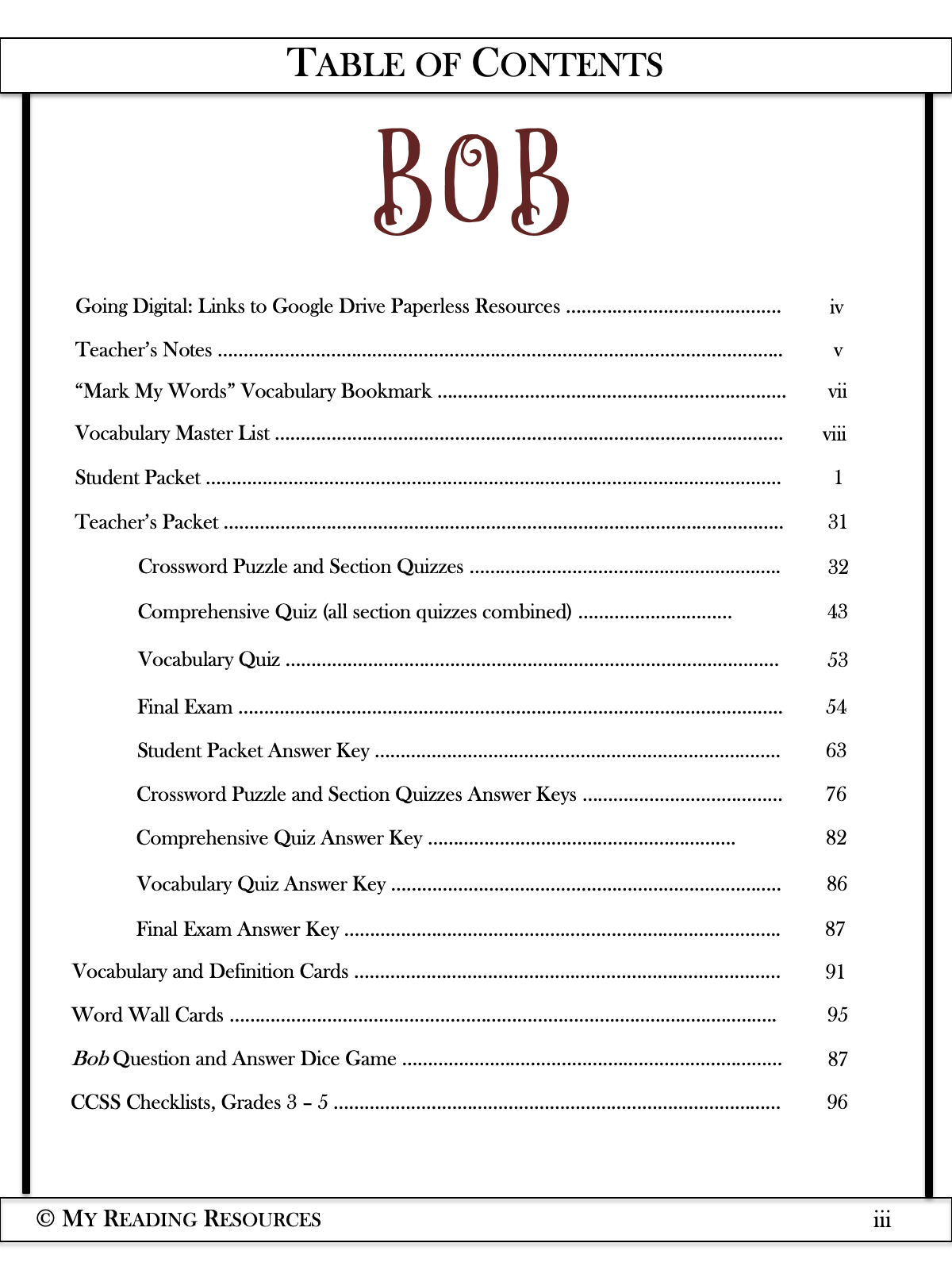 Bob Novel Study - My Reading Resources
